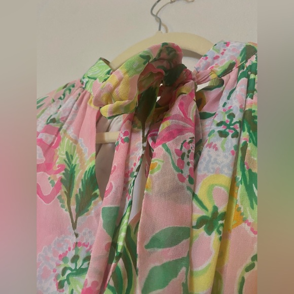 Lilly Pulitzer Ellielynn Pink Floral Long Sleeve Smocked Waist Mini Dress Size 0 - Picture 14 of 14